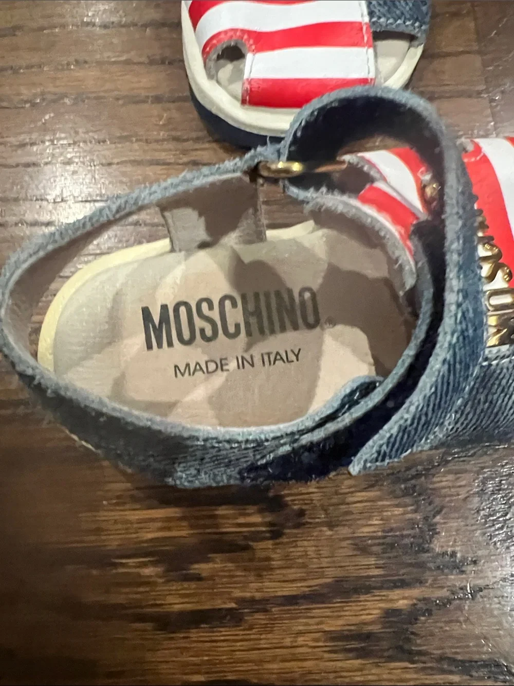 Moschino Kids Red & Denim Striped Logo Sandals